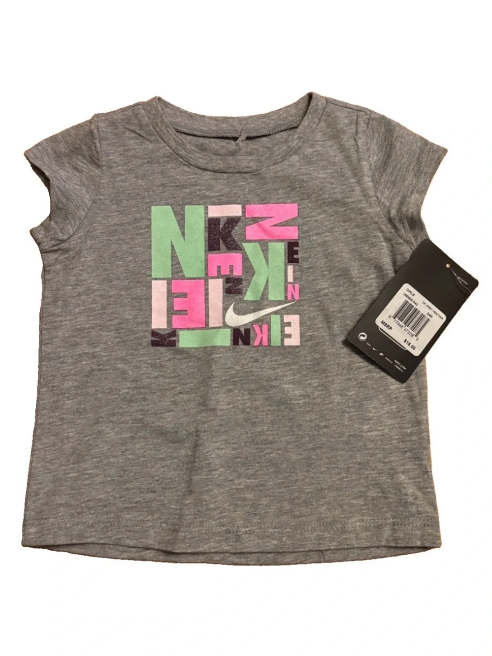 Nike Girls' Gray Logo Graphic Tee with Pink & Mint Accents